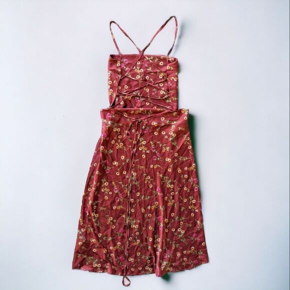 Danielle Bernstein Tie Back Roses And Daises Midi Silky Dress M Redwood Multi - Picture 8 of 16